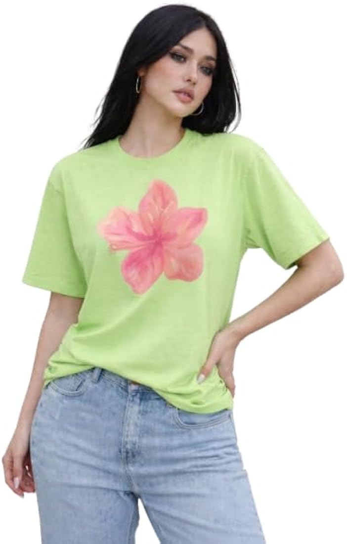 MODAMYST Women’s Lime Green Floral Print Oversized T-Shirt | Aesthetic Casual Tee