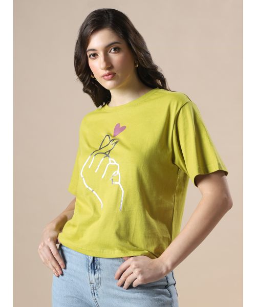 MODAMYST Women’s Pistachio Green Heart Hand Print Oversized T-Shirt | Aesthetic Casual Tee
