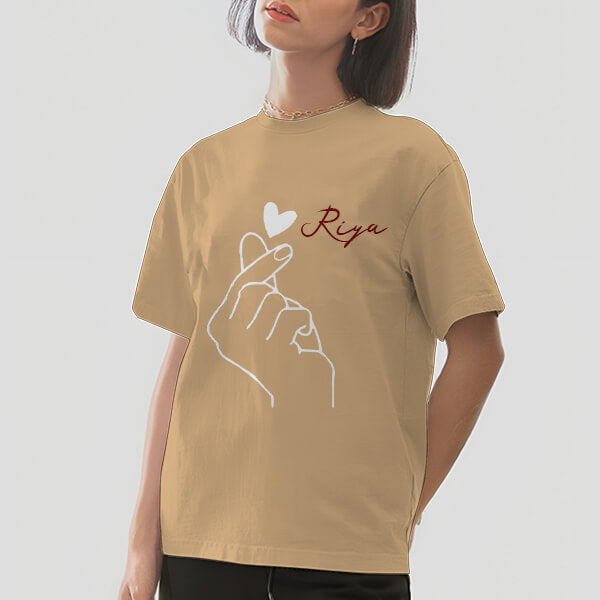 MODAMYST Women’s Beige Personalized Name Heart Print Oversized T-Shirt | Aesthetic Casual Tee