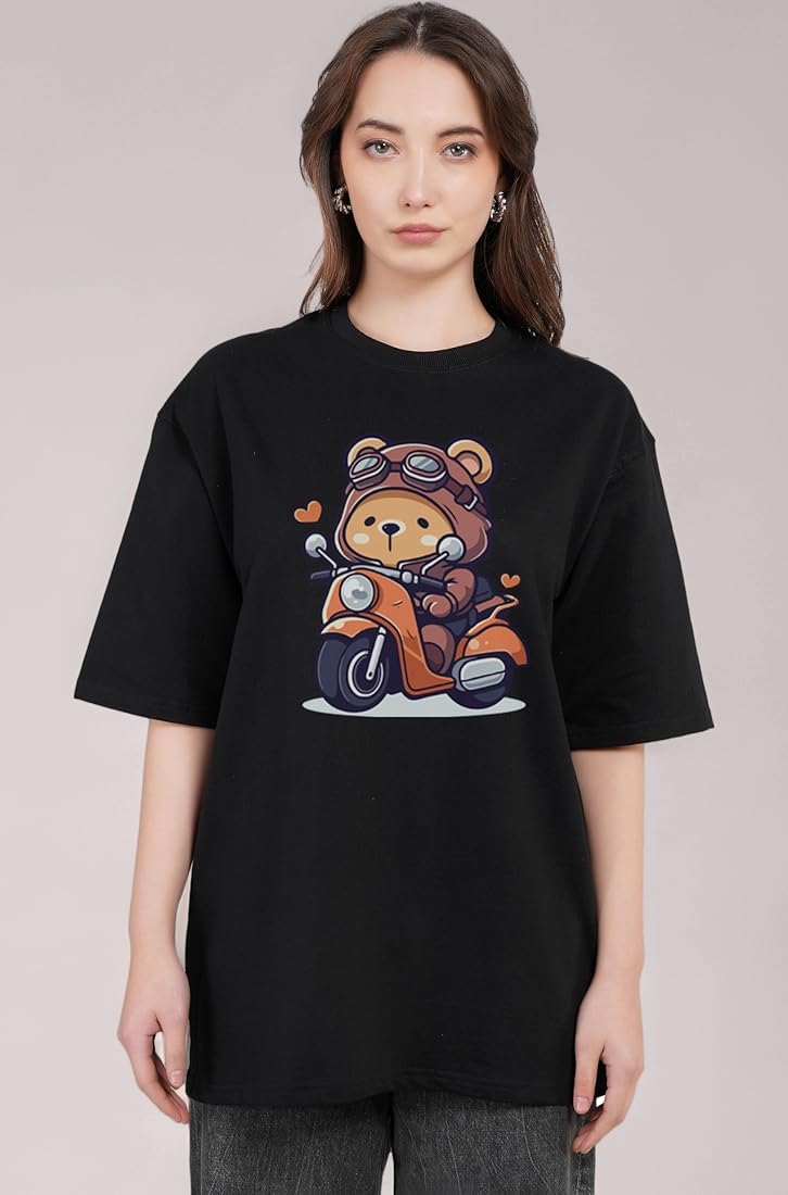 MODAMYST Women’s Black Cute Teddy Bike Print Oversized T-Shirt | Aesthetic Casual Tee