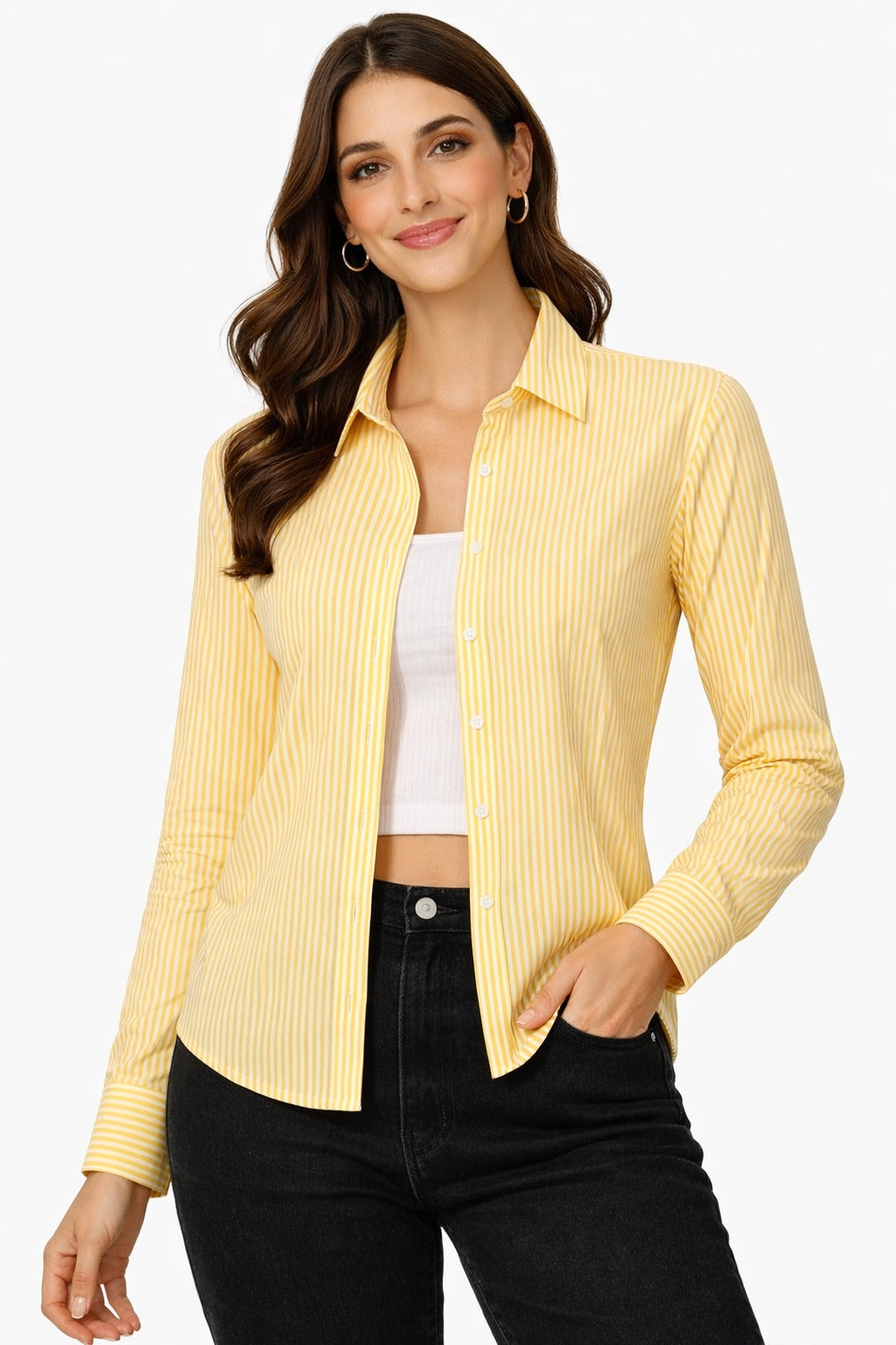 Women's Yellow Striped Button-Up Shirt – Classic Fit for Work & Casual Wear