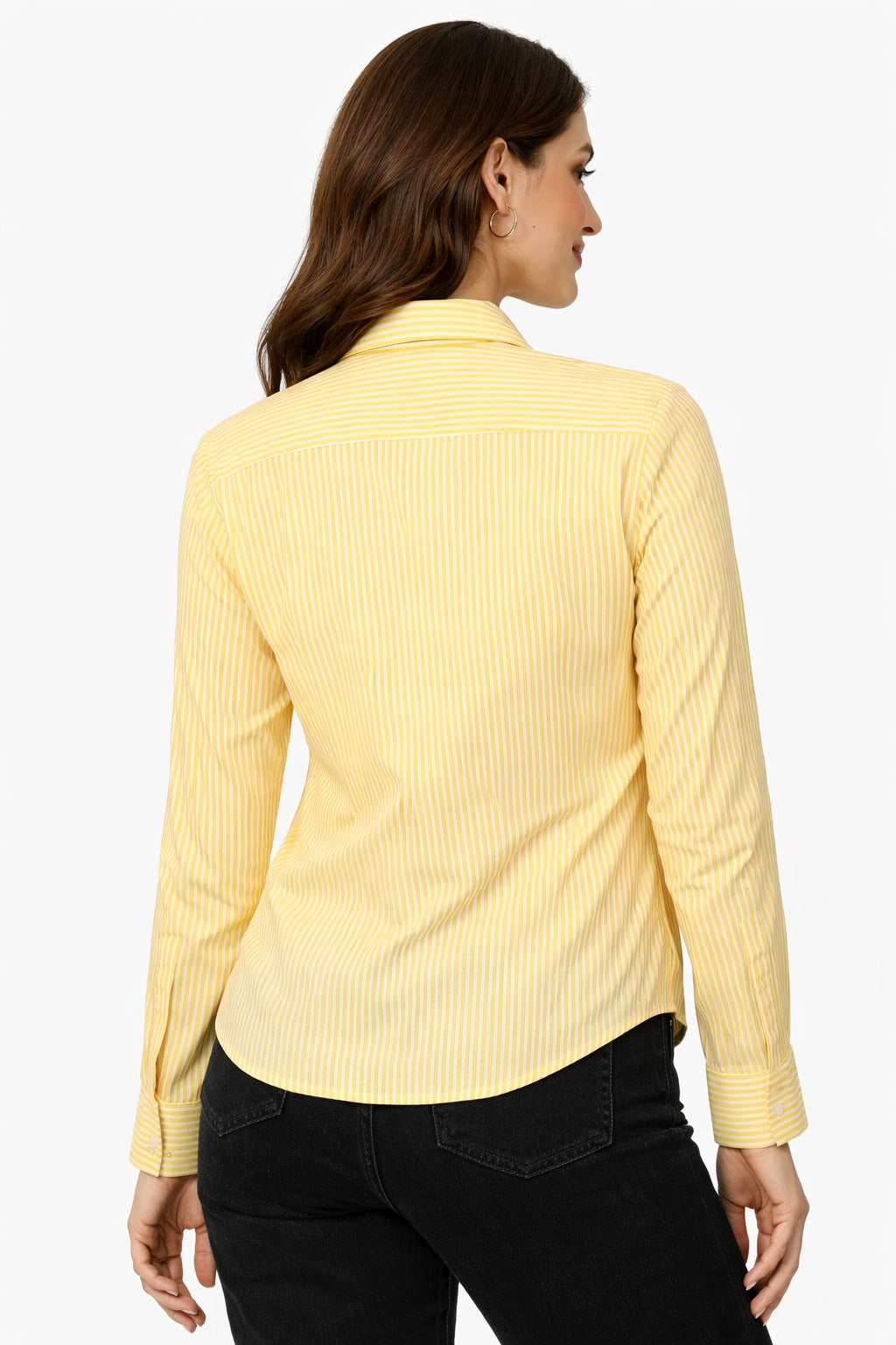 Women's Yellow Striped Button-Up Shirt – Classic Fit for Work & Casual Wear